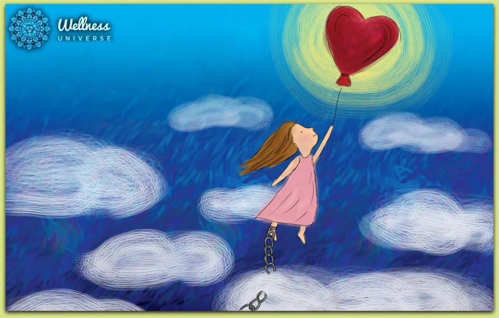 cartoon with woman releasing chain to float with a balloon into the clouds